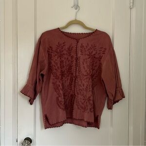 Embroidered Floral Linen Blouse in Raspberry